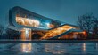 contemporary art museum at night, illuminated with dynamic lighting, showcasing modern design, HD, 4K