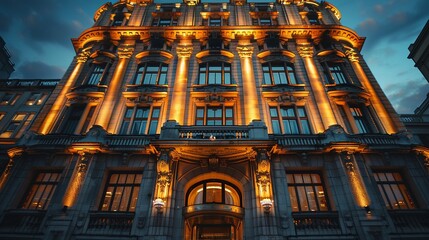 elegant Art Deco building at dusk, with geometric shapes and soft lighting, stylish and historic, HD, 4K