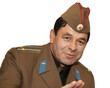 Isolated portrait on a white background of an officer lieutenant colonel of the Soviet army in a soldier's cap, humor.
