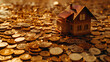 A house model stands as the focal point surrounded by a sea of golden-hued money coins