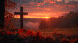 Against an autumn sunrise backdrop the silhouette of the Jesus Christ cross emerges