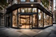 A contemporary storefront with large windows, displays, and a polished entrance