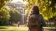 Female student on campus, backpack on. Back view of young woman. Concept of academic aspirations, higher education, student diversity, new beginnings, and cultural integration. Copy space
