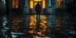 A man stands on a flooded doorstep at night with water covering the floor inside the house. Concept This could be a powerful image illustrating themes such as climate change, natural disasters