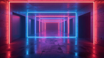 Wall Mural - Neon concrete garage background, empty futuristic long room with led lighting, interior of abstract modern hall or tunnel. Concept of warehouse, corridor, future, studio, industry
