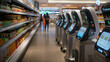 Modern Supermarket Self-Checkout Stations with Customer Shopping