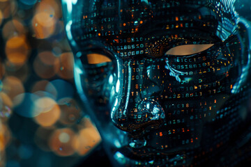 Poster - a face made of numbers and letters is displayed in a dark background