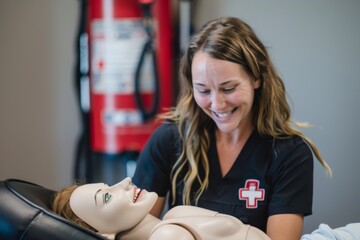 Smiling young nurse practicing with a mannequin