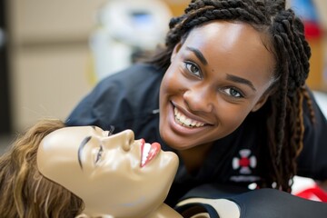 Smiling young nurse practicing with a mannequin