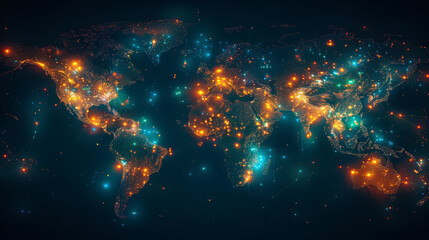 Canvas Print - A colorful, glowing map of the world with many lights