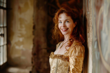 Wall Mural - A woman in a gold dress is smiling and standing in front of a wall