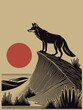Wild coyote on a sand dune. Sunset. Vintage engraving emblem, woodcut