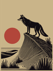 Wall Mural - Wild coyote on a sand dune. Sunset. Vintage engraving emblem, woodcut