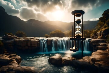 Poster - A surreal landscape featuring a magical hourglass with waterfalls flowing from it, with copyspace in the cascading water