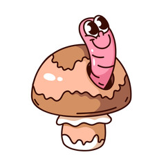 Wall Mural - Groovy cartoon mushroom with pink worm character in hole. Funny retro brown boletus with cute crawling earthworm, maggot eating mushroom mascot, cartoon sticker of 70s 80s style vector illustration