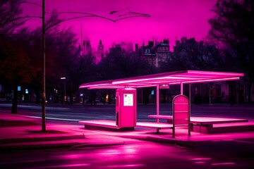 Poster - A pink bus stop glows in the night