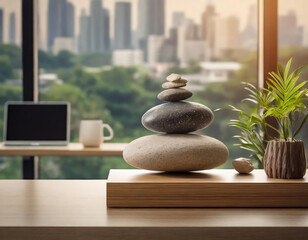 Zen stone pebbles balancing on a plank on office desk in modern office with nature as decoration