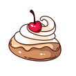 Groovy cartoon bun with whipped cream swirl and cherry. Funny retro round sweet bread for dessert, pastry and bakery mascot, cartoon cream cake with berry sticker of 70s 80s style vector illustration