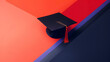 A black graduation cap with a red tassel sits on a colorful background. Concept of accomplishment and achievement, as the cap is a symbol of academic success