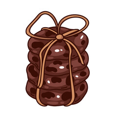 Wall Mural - Groovy cartoon stack of chocolate cookies. Funny retro pile of sweet biscuits with choco chips and rope, pastry and bakery mascot, cartoon cookies sticker of 70s 80s style vector illustration