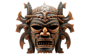 A wooden mask adorned with intricate horns, exuding an otherworldly and mysterious aura