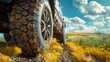 Close up view of car wheel.Transportation concept.wheel with summer tires close-up on background of summer landscape. AI generated illustration
