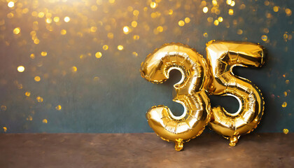 Wall Mural - Golden foil balloon number thirty five on bokeh background. Birthday greeting card with inscription 35. Anniversary celebration.