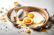 Broken egg and egg yolk on white panoramic background with copy space