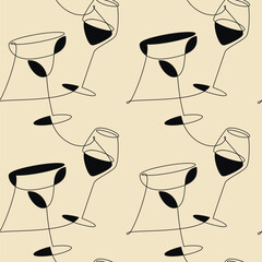 Wall Mural - Hand drawn seamless pattern vector. Cocktails wine champagne glass line continuous drawing. Drinks linear white background. Abstract print, banner, doodle, wallpaper, cartoon backdrop.