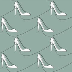 Hand drawn seamless pattern vector. High heel shoe line continuous drawing. White pumps green background. Fashion print, shop banner, doodle, abstract wallpaper, cartoon backdrop.