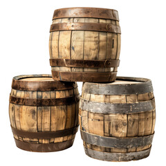 Wall Mural - Three barrels lie on top of each other in a pyramid. Old wine barrels isolated on a white or transparent background, close-up, side view. Production and storage of grape wine on an industrial scale.