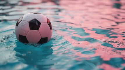 Wall Mural - Soccer ball floating in the water. Pink light falls on the surface of the water.