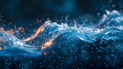 Poster - A blue wave with orange sparks in the water. The image is of a water wave with a lot of sparkles in it