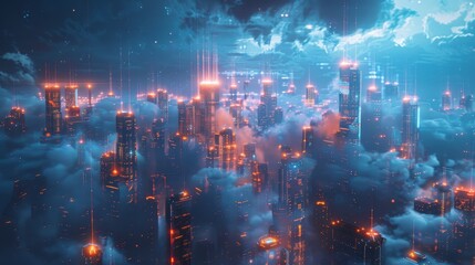 Poster - A cityscape with many buildings and clouds in the sky. The city is lit up with bright lights, giving it a futuristic and otherworldly feel