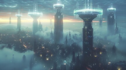 Poster - A cityscape with tall buildings and a cloudy sky. The buildings are lit up at night, creating a futuristic and mysterious atmosphere