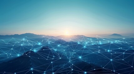 Poster - A blue sky with mountains in the background and a network of lines connecting them. The lines are bright and colorful, giving the image a futuristic and technological feel