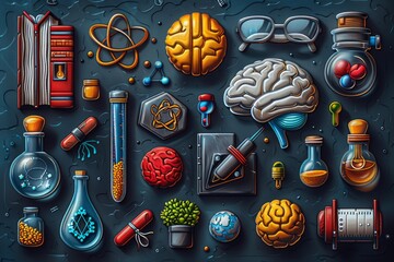 3D render modern set of school, science, and education icons. Microscope, atom, virus, test tube, books, brain, light bulb, graduation cap