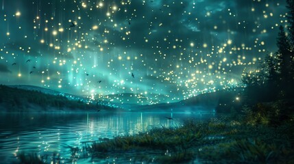 Wall Mural - A beautiful night sky with a lake and a forest in the background. The stars are shining brightly and the sky is filled with light