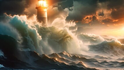 Sticker - Lighthouse on stormy sea at sunset. 3D illustration, An old lighthouse during a violent storm with crashing waves, AI Generated