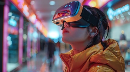 Wall Mural - A woman wearing a yellow jacket is looking at a virtual reality display. The scene is set in a shopping mall, with a neon sign in the background. The woman is enjoying the experience