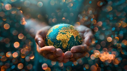 Wall Mural - A person is holding a globe in their hands. The globe is covered in gold and silver glitter, giving it a shiny and eye-catching appearance. Concept of wonder and fascination with the world