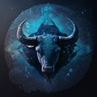 Black bull head with sacred geometry and blue space background. 3D rendering
