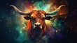 Digital illustration of a bull in abstract space with colorful lights and stars