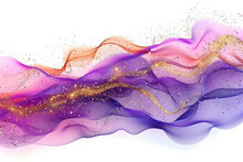 A Computer Generated Image Of A Wave Of Purple And Pink Liquid With Gold Flecks And Glitters On Top Of It, On A White Background With A White Backdrop.