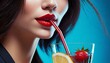 Woman with beautiful lips drinks from a glass with a straw.