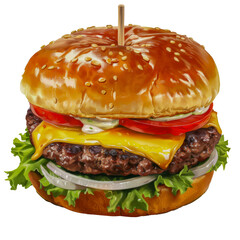 Wall Mural - Juicy cheeseburger with lettuce and tomato cut out on transparent background