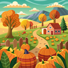 halloween pumpkin patch on a rural farm, vector graphics landscape illustration design