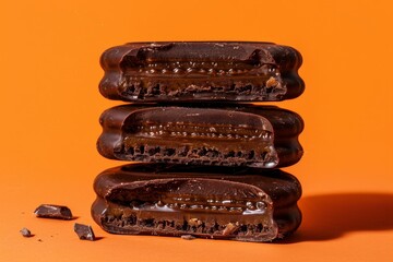 Bitten chocolate alfajor on orange surface