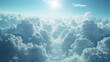 The sky is filled with clouds and the sun is shining through them. Concept of peace and tranquility, as the clouds and sun create a serene atmosphere