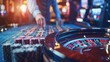 Close-up on holographic roulette wheel and betting table in VR, with a businessman placing digital chips on his lucky numbers